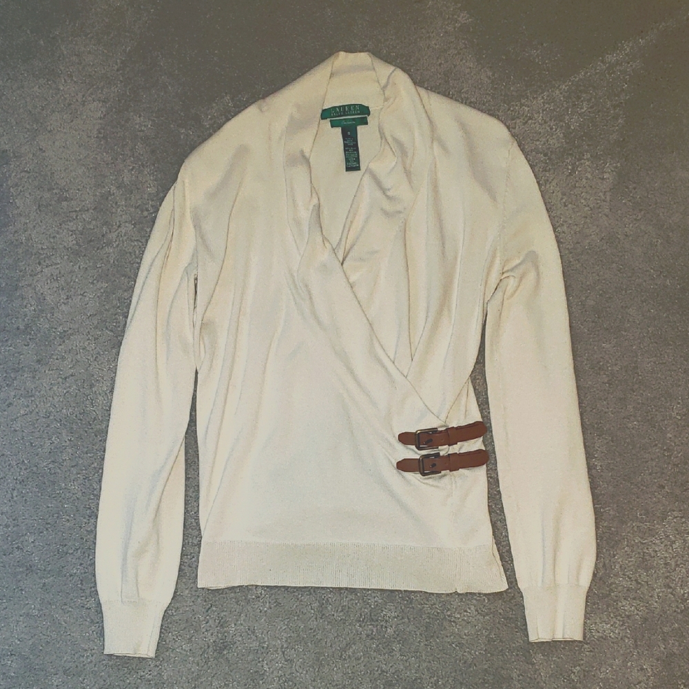 Lauren Ralph Lauren Cream and Brown Wrap Sweater With Belted Waist